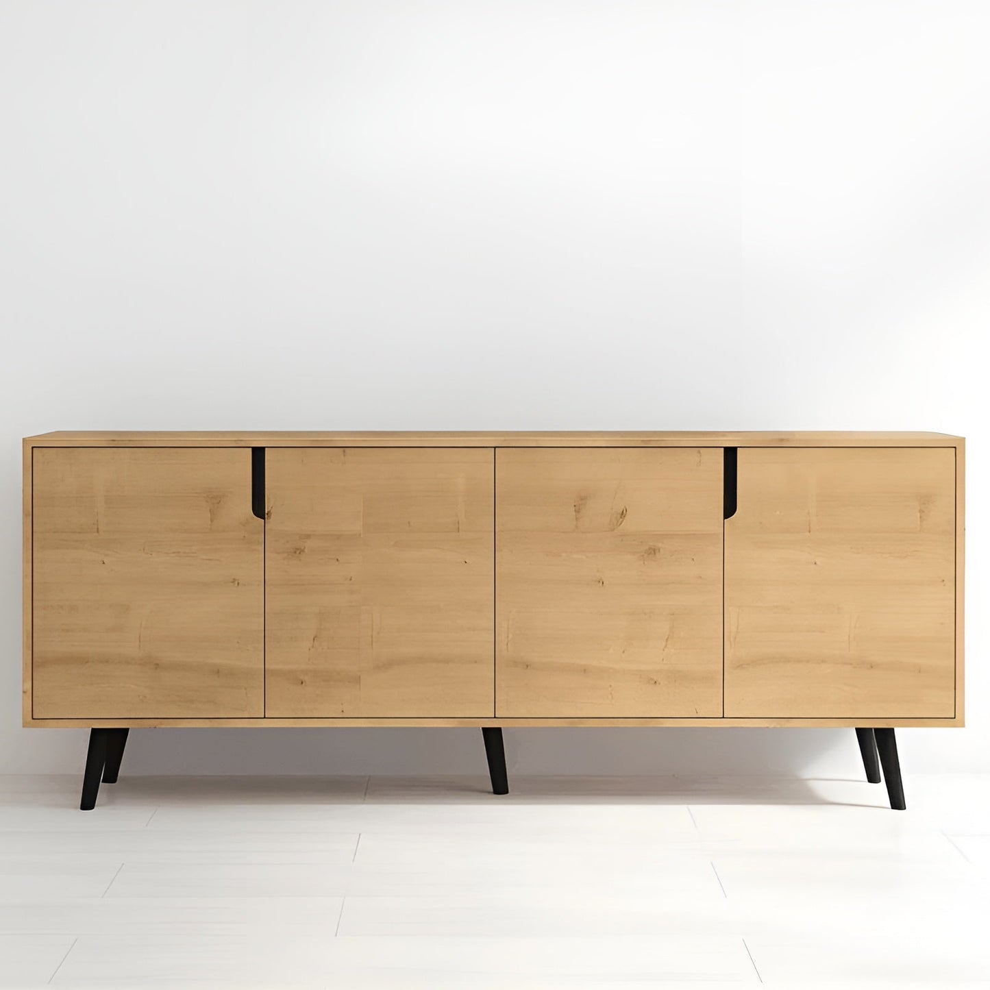 Wooden sideboard with black legs on a white background
