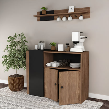 Wooden kitchen cabinet with coffee-making equipment and decor items against a beige wall.