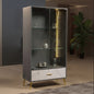 Modern display cabinet with glass shelves and marble base in a room setting.