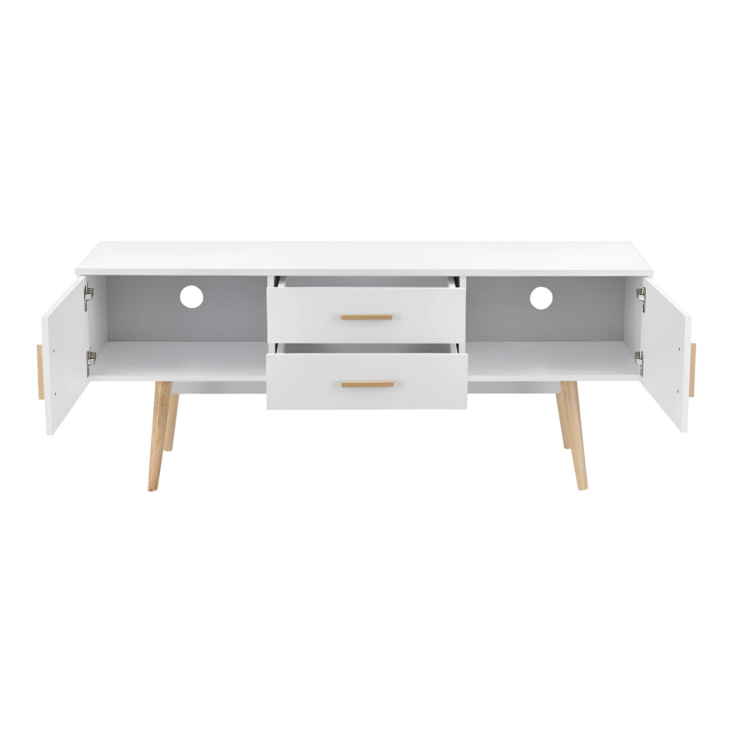 White sideboard with open doors on a white background