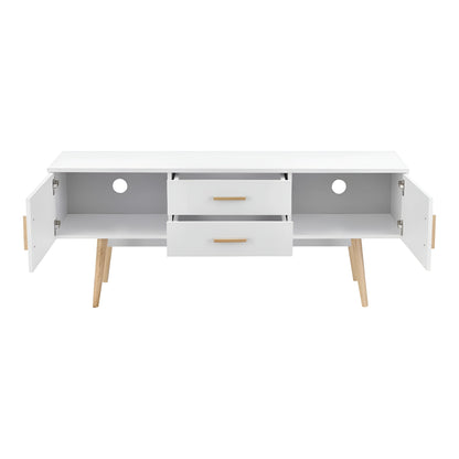 White sideboard with open doors on a white background