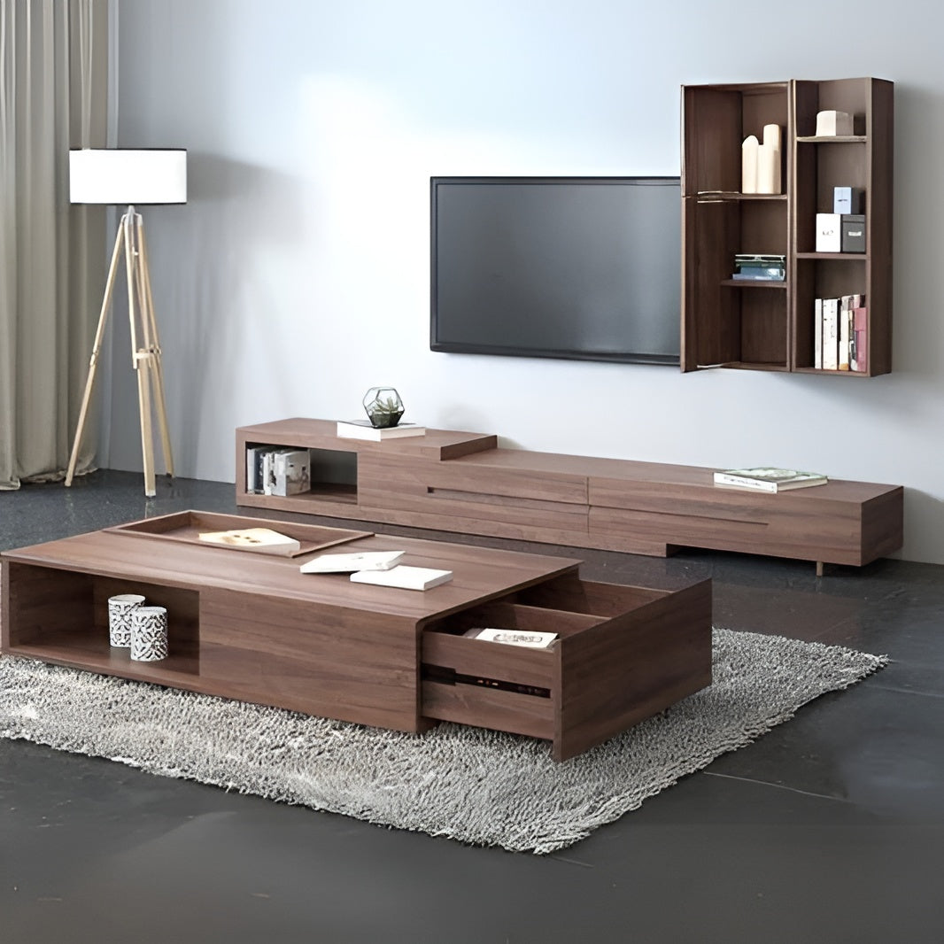 Modern living room with wooden TV stand, coffee table, and wall-mounted shelves.