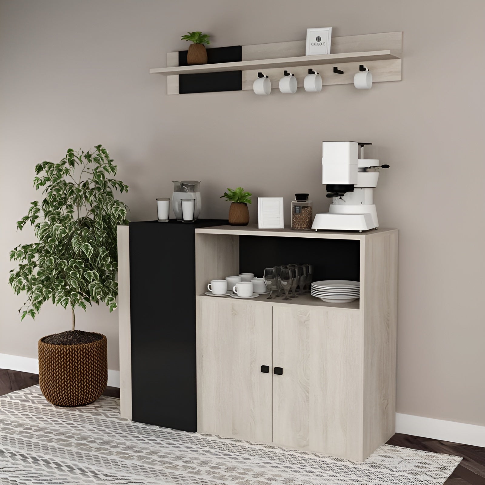 Coffee station with a cabinet, coffee machine, and various items against a beige wall.