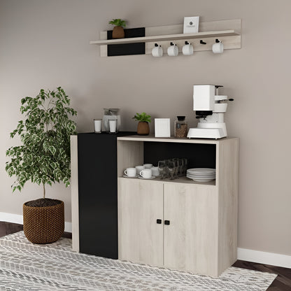 Coffee station with a cabinet, coffee machine, and various items against a beige wall.