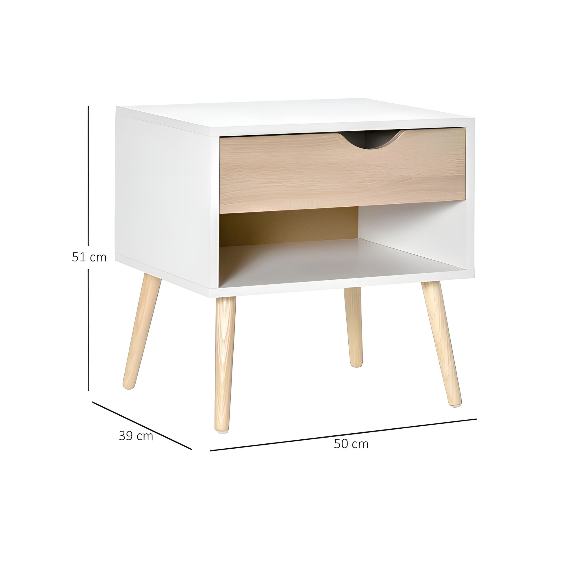 White side table with a wooden drawer and dimensions on a white background