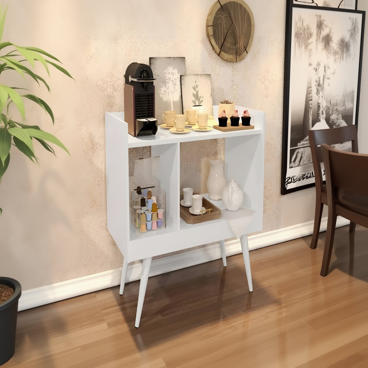 White side table with decorative items in a room setting