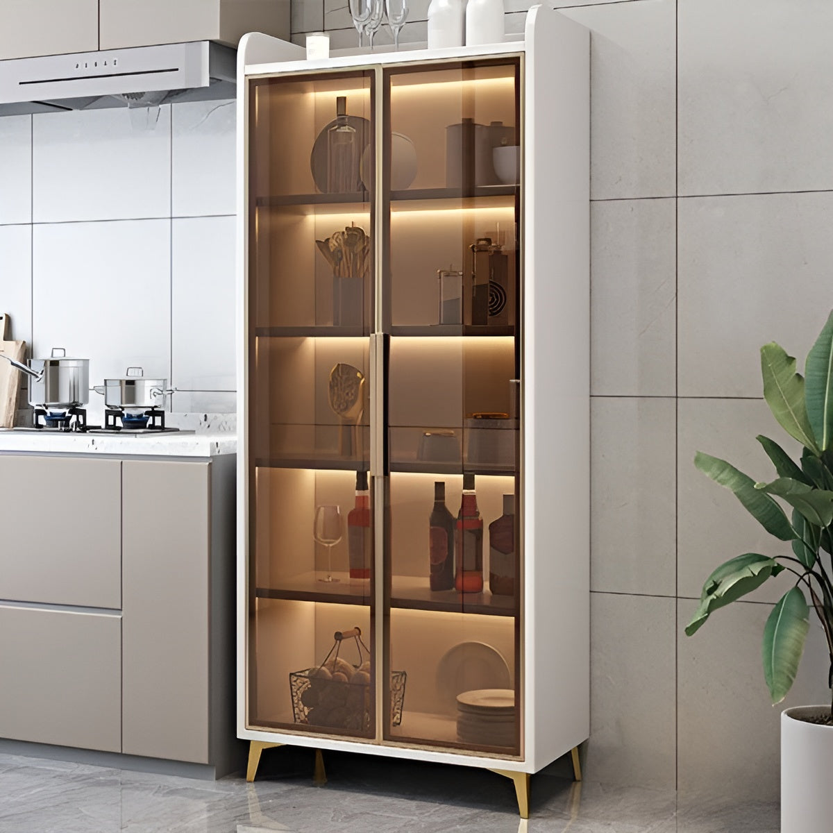 Modern kitchen with a glass-fronted cabinet displaying items.