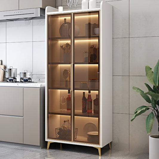 Modern kitchen with a glass-fronted cabinet displaying items.