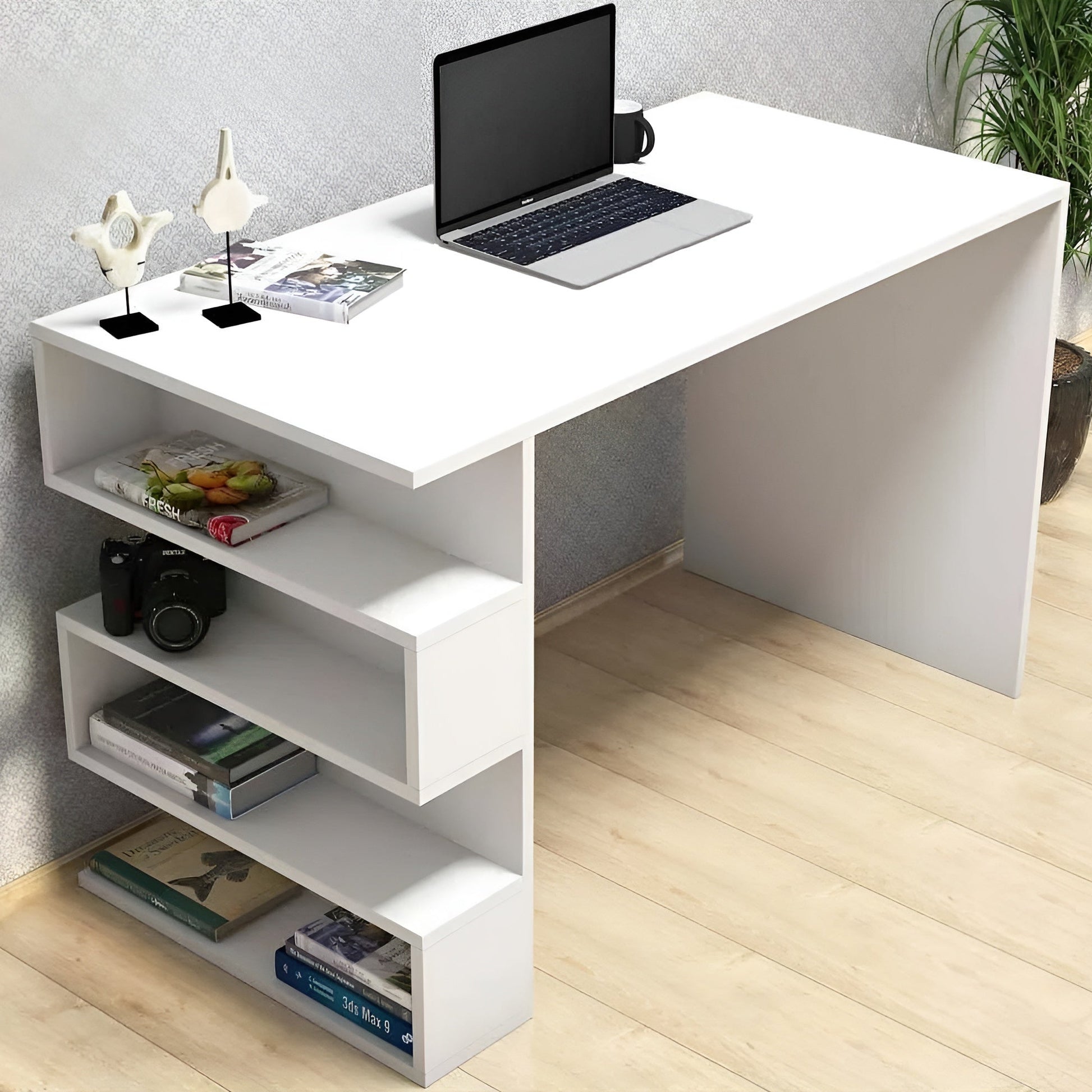 White office desk with shelves, laptop, and books in a room setting.