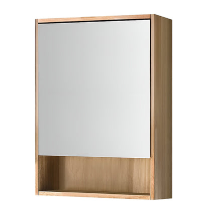 Wooden cabinet with a white mirror on a white background
