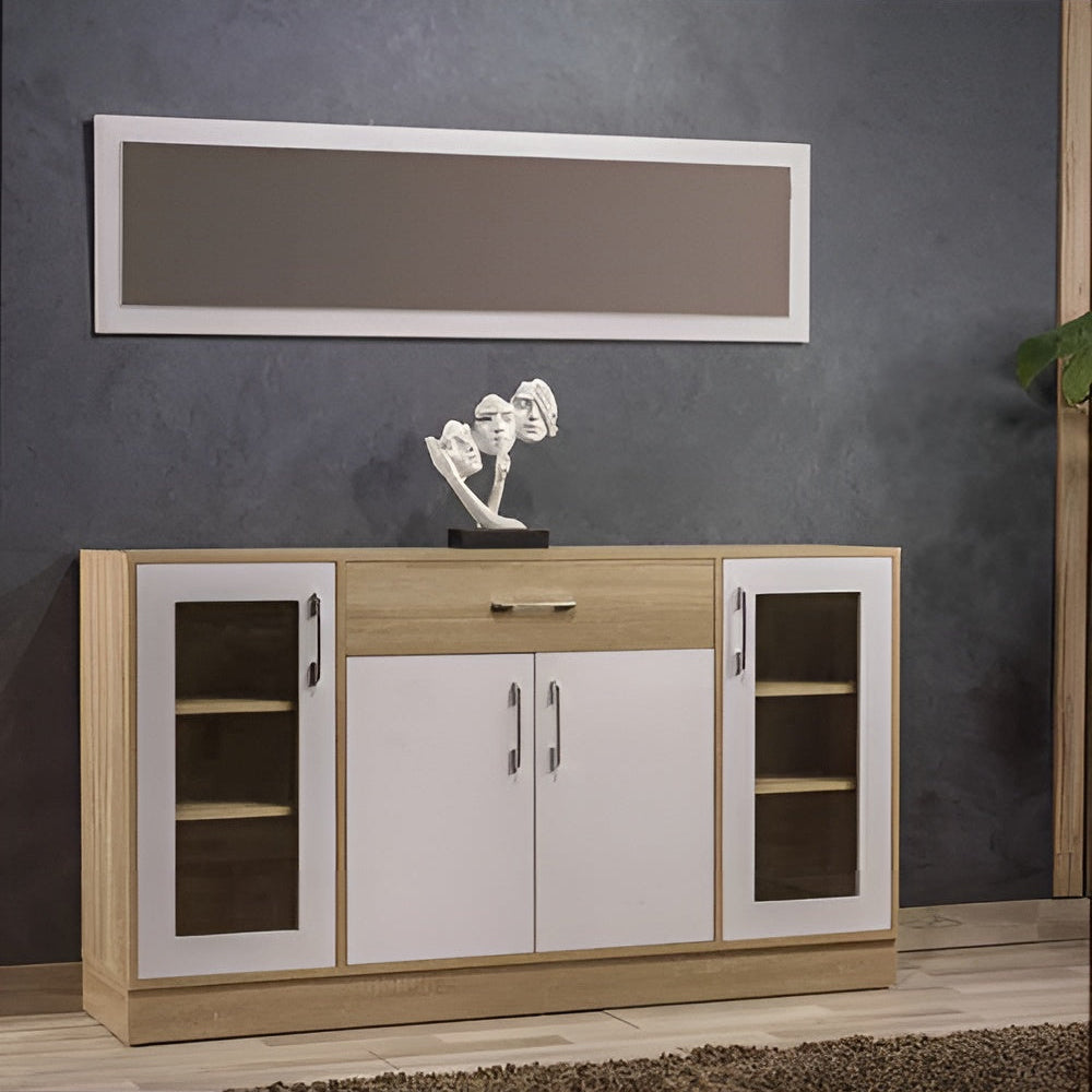 Wooden cabinet with glass doors against a gray wall