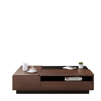 Modern wooden coffee table with decorative items on a white background