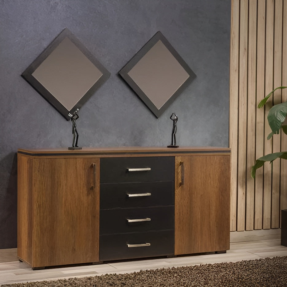 Wooden sideboard with black drawers against a gray wall with two square mirrors.