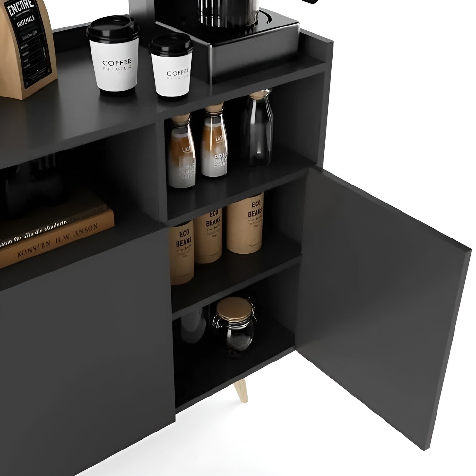 Black shelving unit with coffee-themed decor on a white background