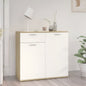White cabinet with wooden accents in a room with a plant and lamp.