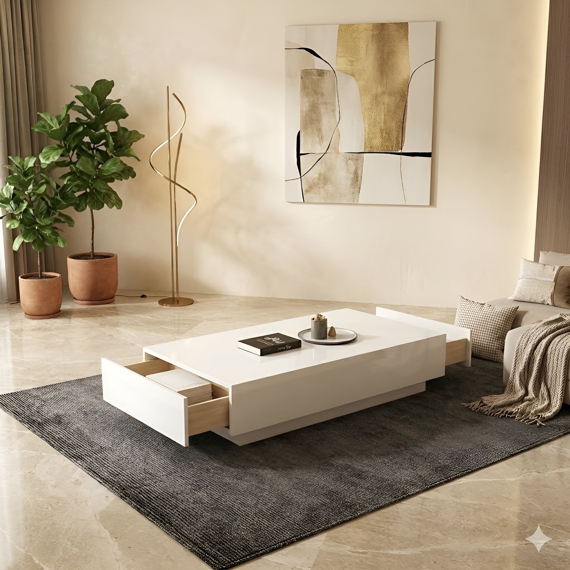 Modern living room with a white coffee table, potted plants, and abstract art.