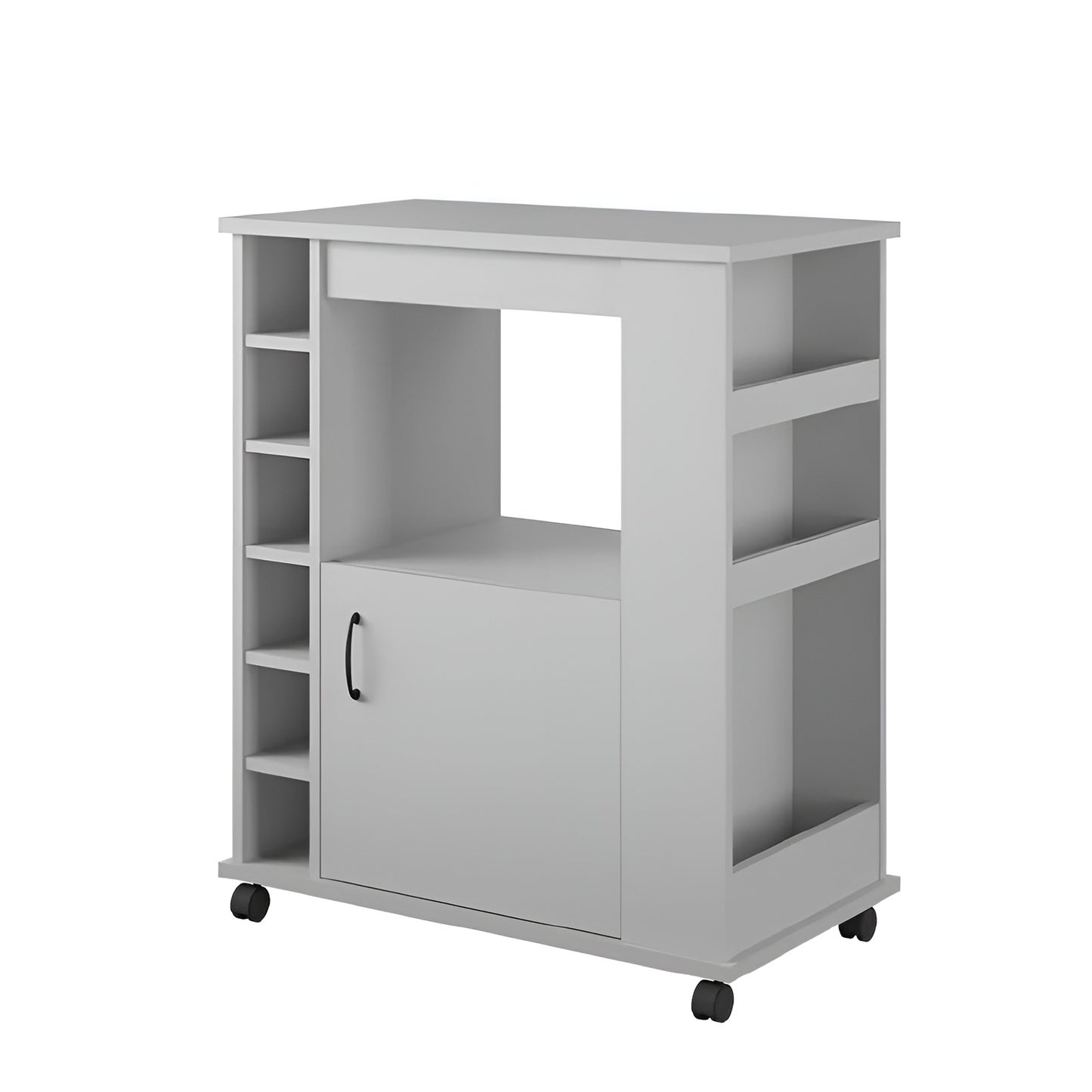 Gray storage cart with shelves and a door on wheels against a white background