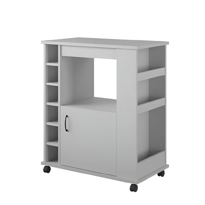 Gray storage cart with shelves and a door on wheels against a white background