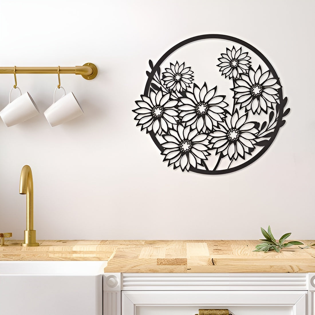 Decorative metal wall art with floral design in a kitchen setting.