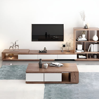 Modern living room with wooden TV stand, coffee table, and shelves.