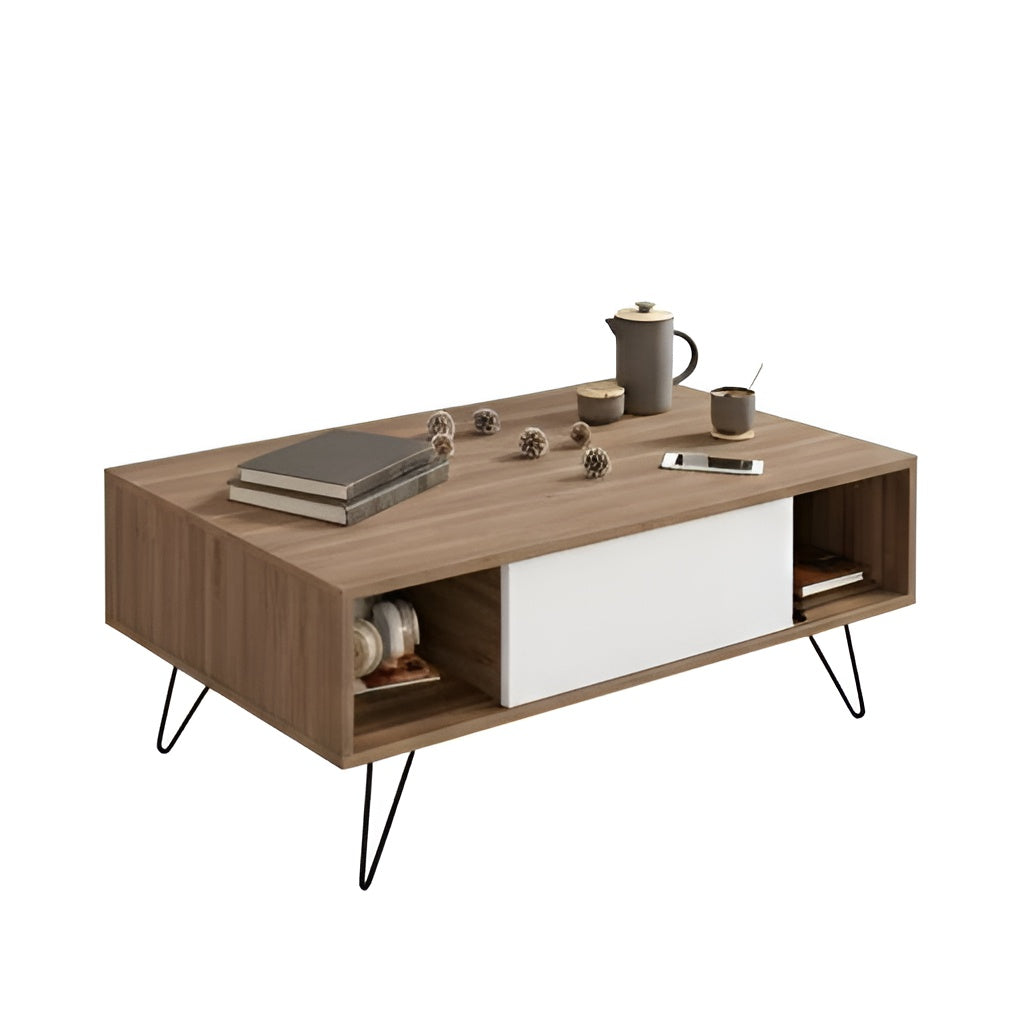 Wooden coffee table with storage compartments on a white background