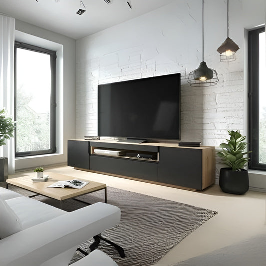 Modern living room with a television on a wooden stand, white walls, and decorative plants.