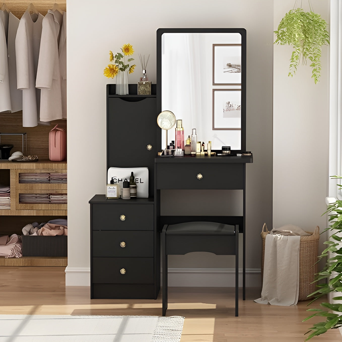 Black vanity table with mirror and makeup items in a bedroom setting