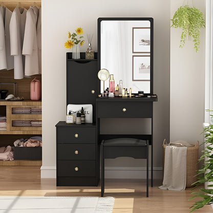 Black vanity table with mirror and makeup items in a bedroom setting