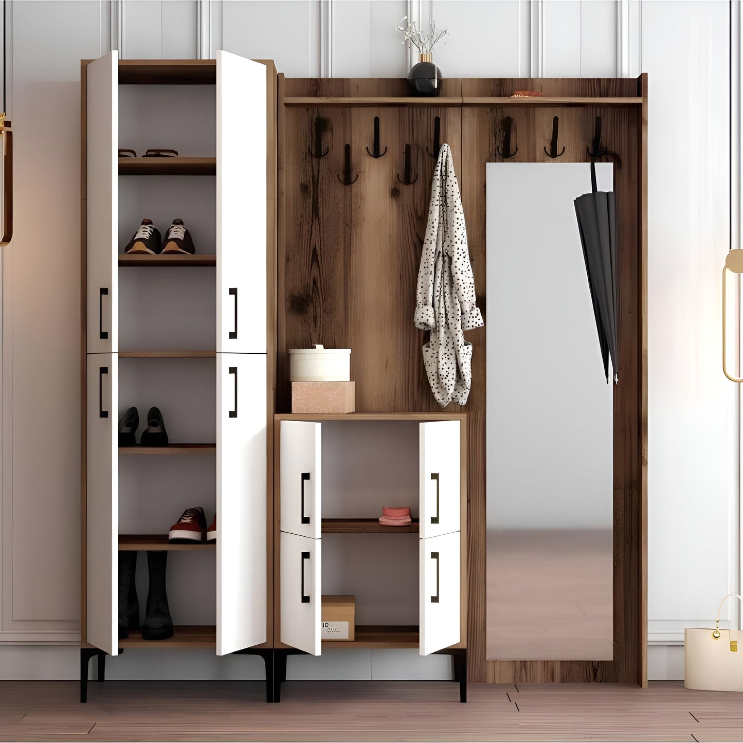 Wooden wardrobe with open doors displaying shoes, clothes, and a mirror.