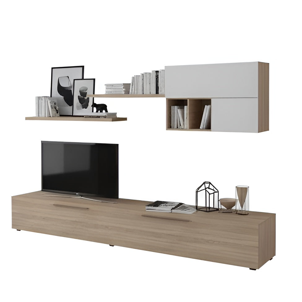 Modern living room entertainment unit with TV stand, shelves, and decorative items on a white background