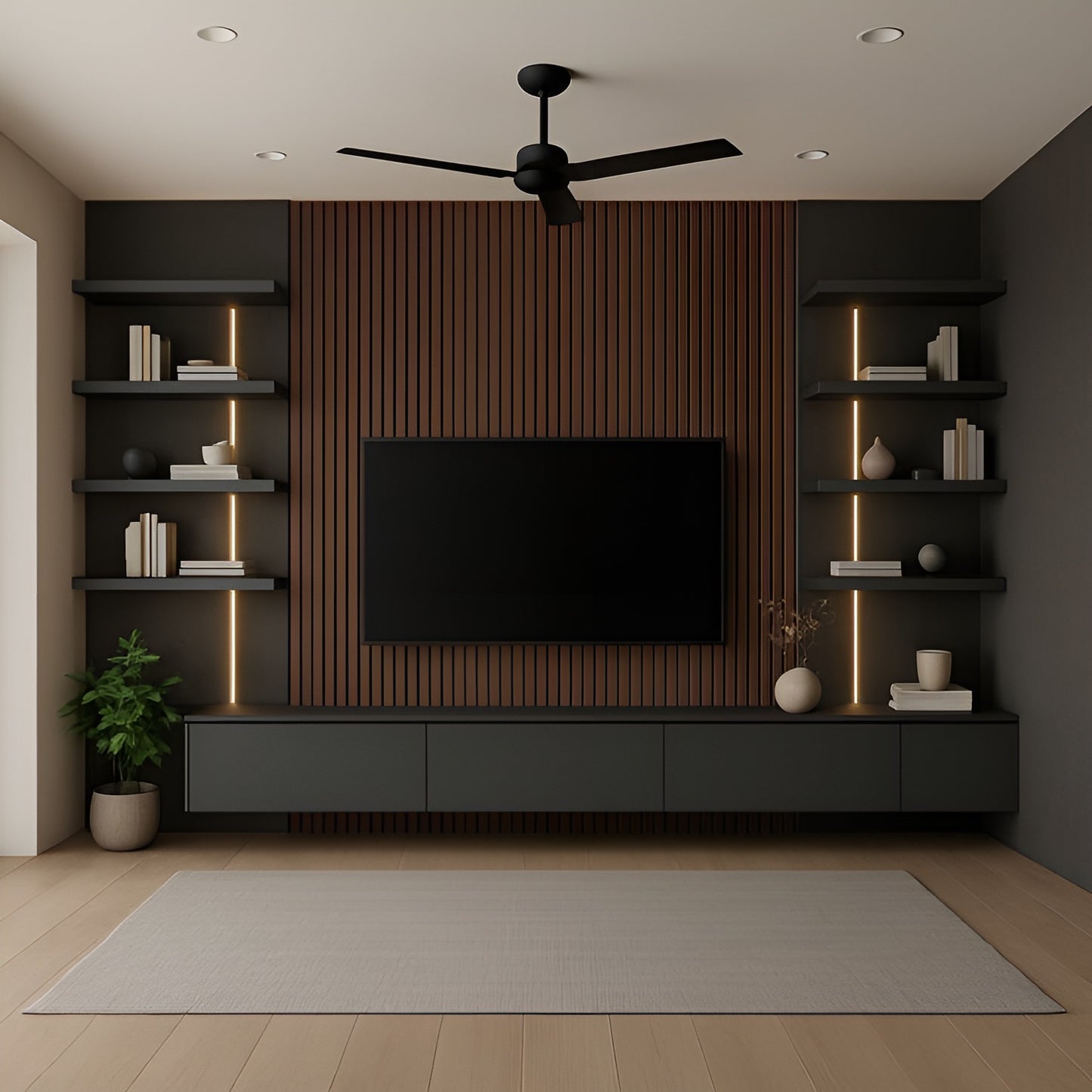Modern living room with a television mounted on a wooden panel, surrounded by shelves and decorative items.