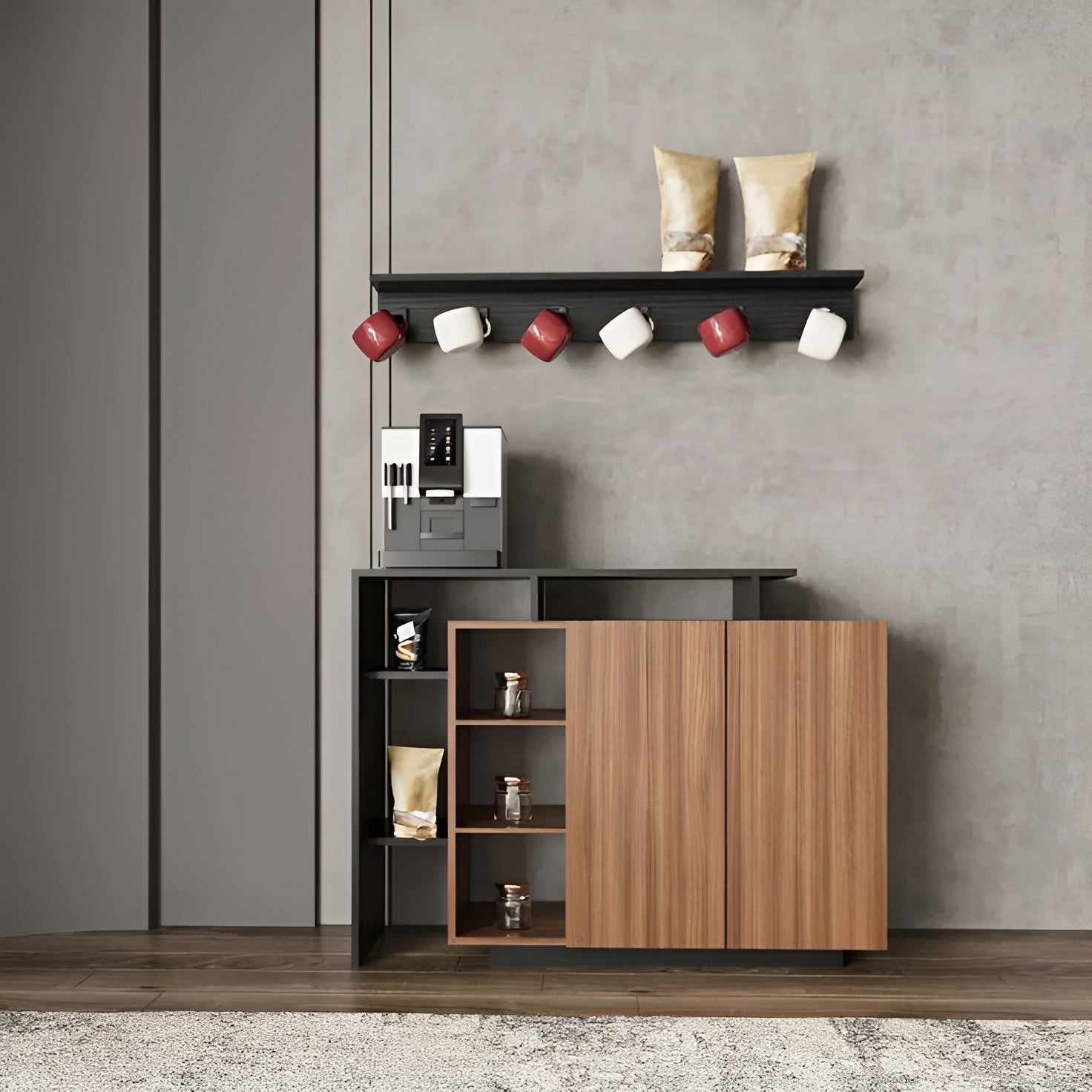Modern kitchen setup with wooden cabinet, shelves, and coffee machine against a gray wall.