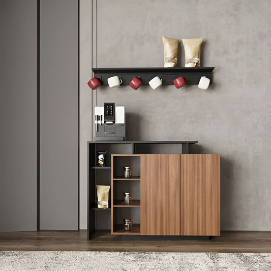 Modern kitchen setup with wooden cabinet, shelves, and coffee machine against a gray wall.