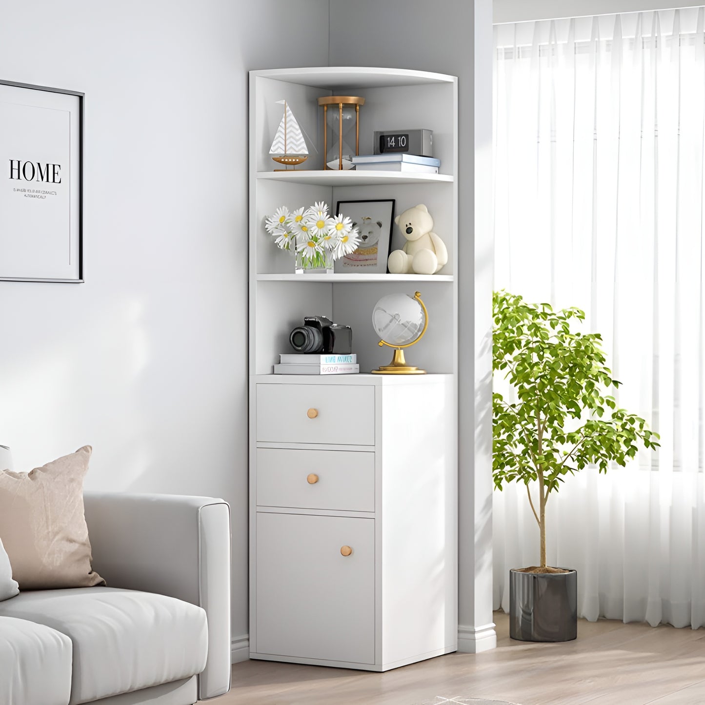 White corner shelf with decorative items in a living room setting
