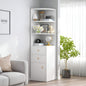 White corner shelf with decorative items in a living room setting