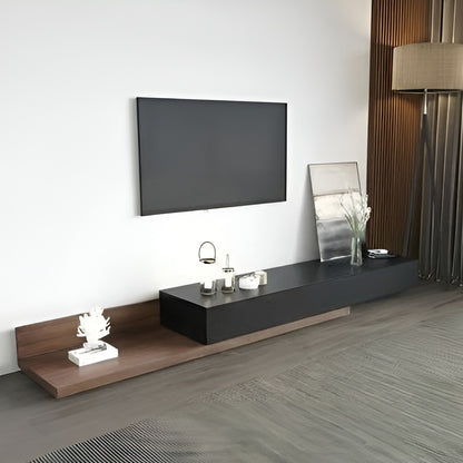 Modern living room with a black TV stand and wall-mounted TV.