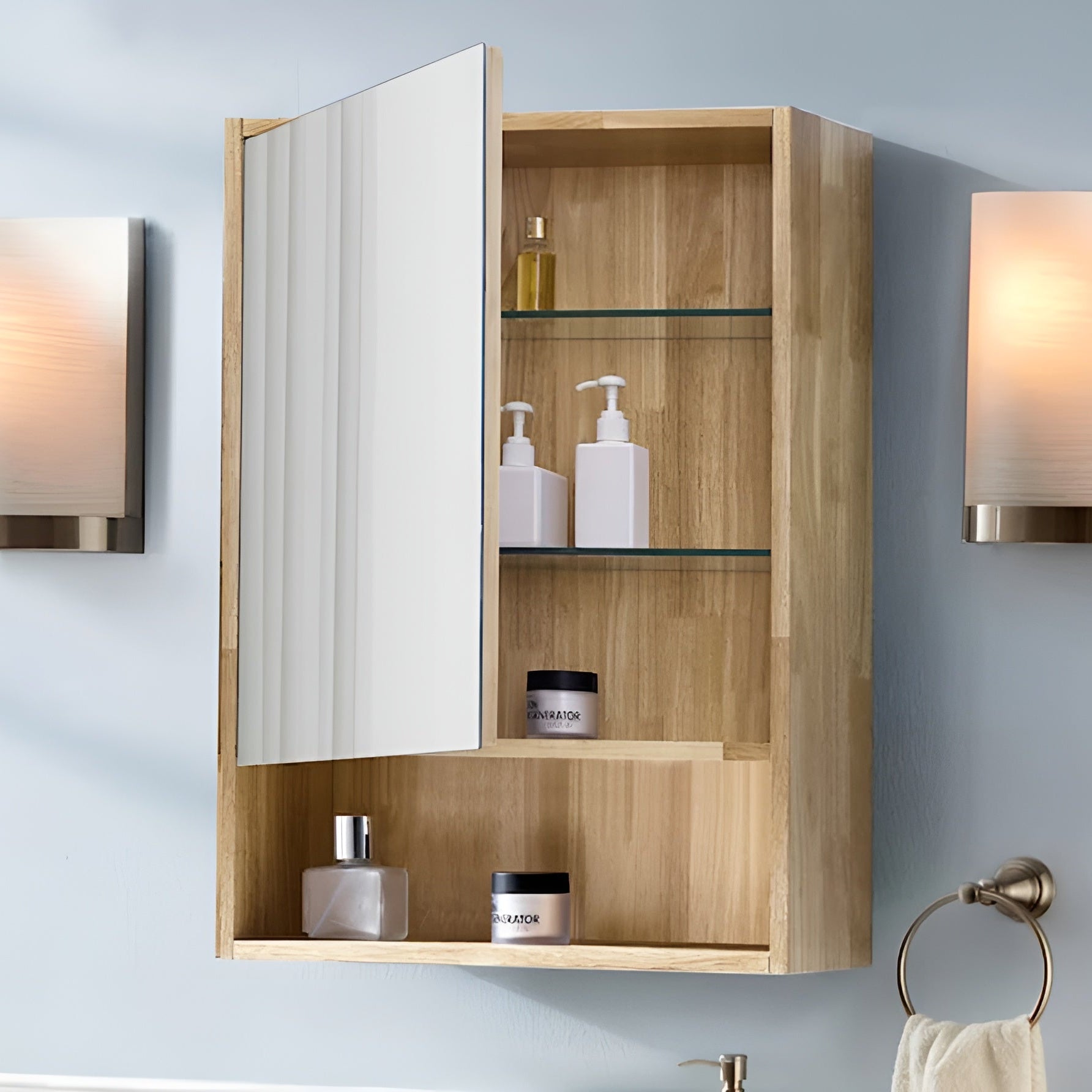 Wooden corner cabinet with glass shelves in a bathroom setting
