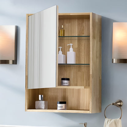 Wooden corner cabinet with glass shelves in a bathroom setting
