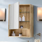 Wooden corner cabinet with glass shelves in a bathroom setting