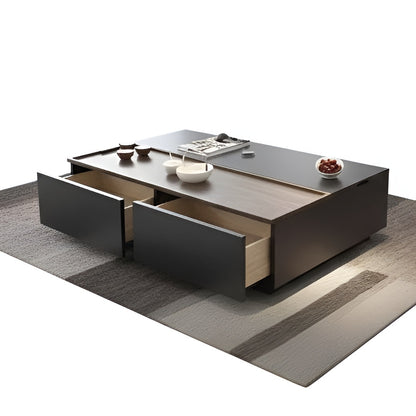 Modern coffee table with storage drawers on a gray rug