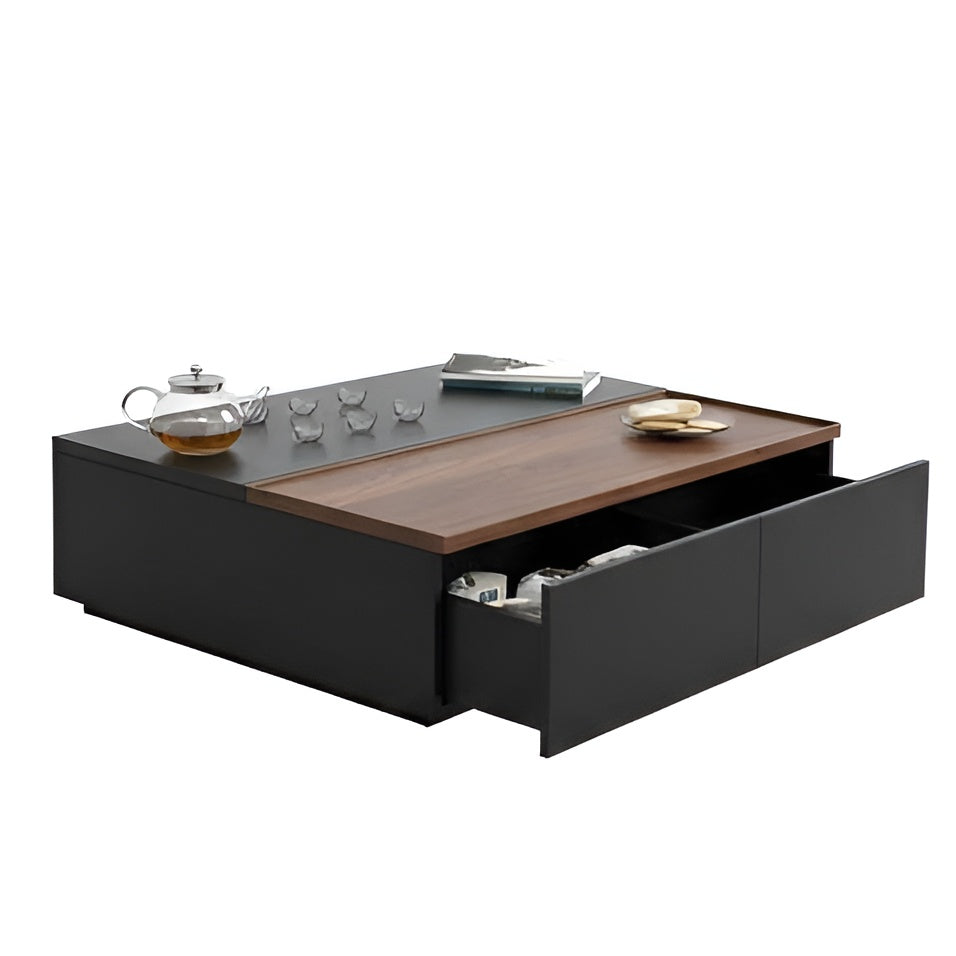 Modern coffee table with wooden top and black base, featuring tea set and books.