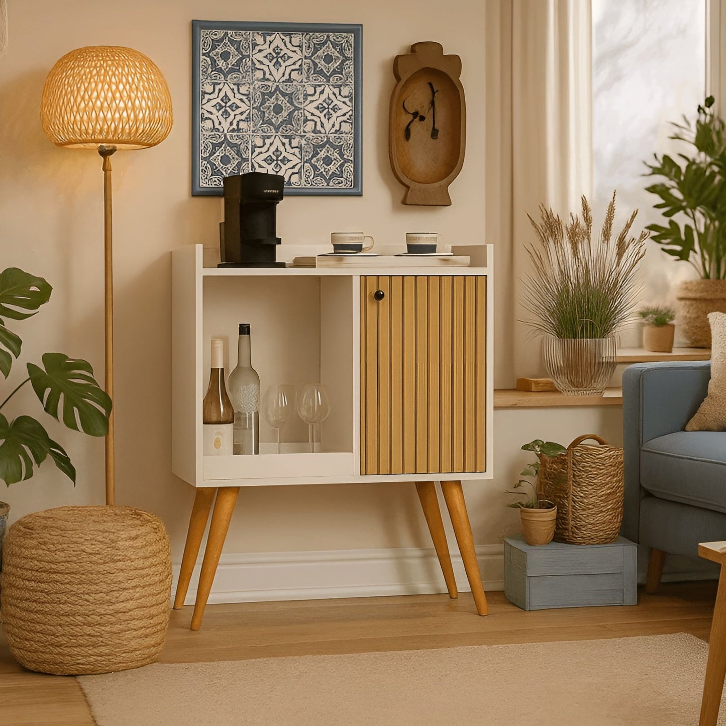 Living room with a white cabinet, blue sofa, and decorative items.