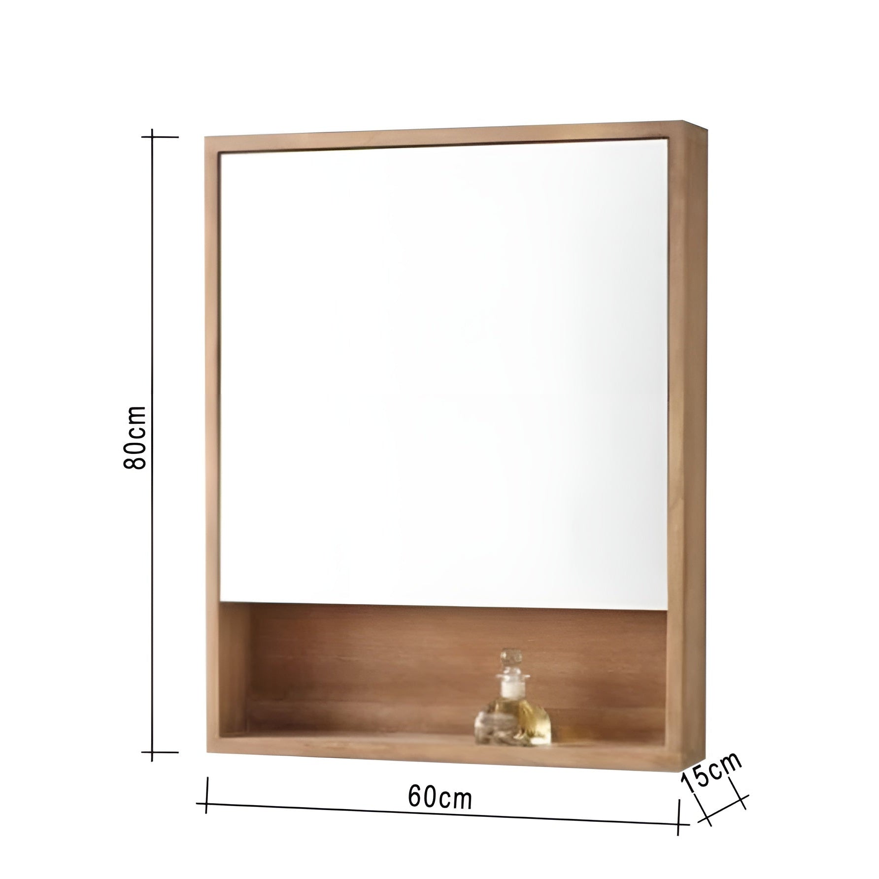 Wooden mirror with dimensions labeled on a white background