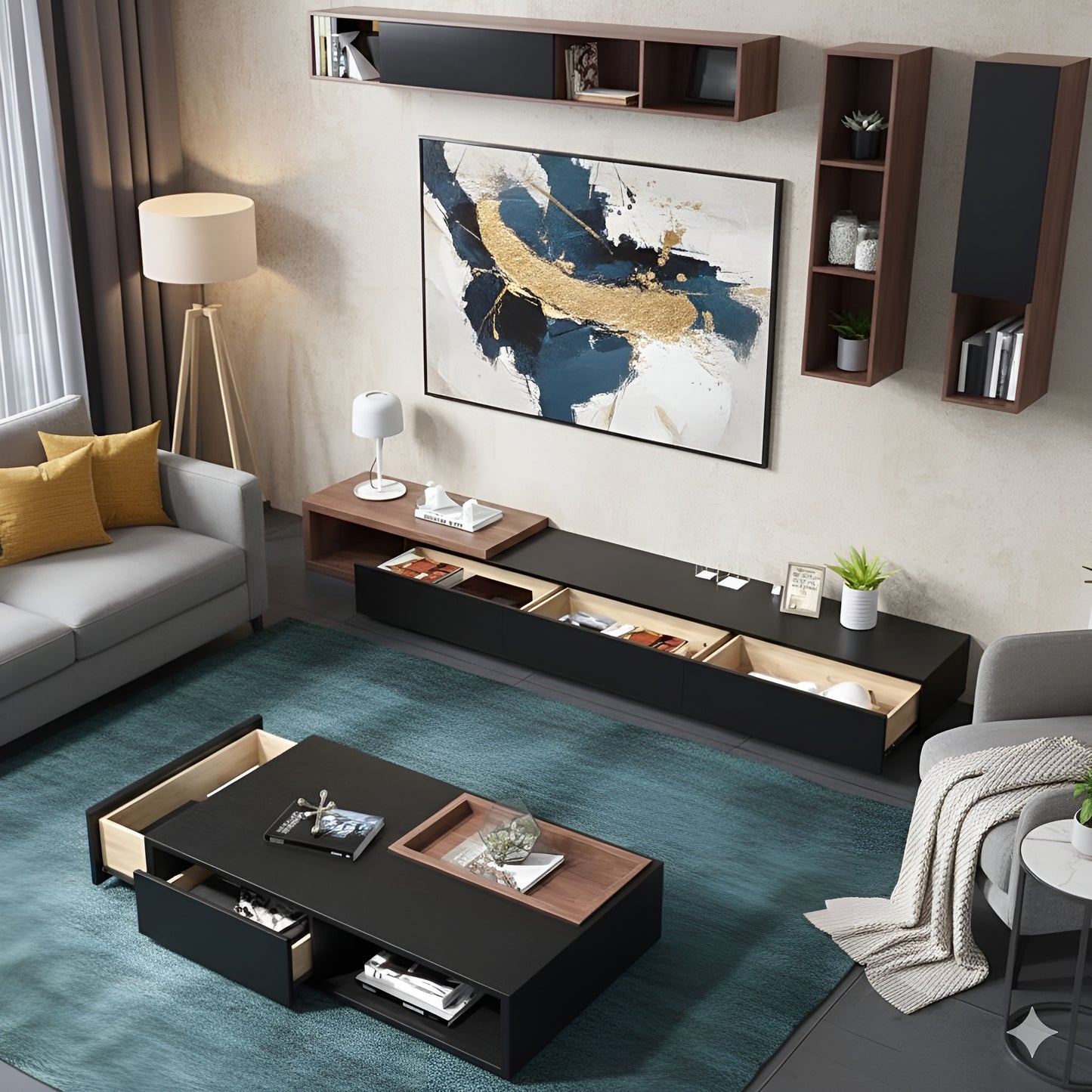 Modern living room with a black entertainment console, gray sofa, and decorative items.