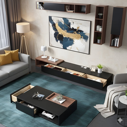 Modern living room with a black entertainment console, gray sofa, and decorative items.
