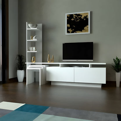 Modern living room with white furniture, TV, and decor items.