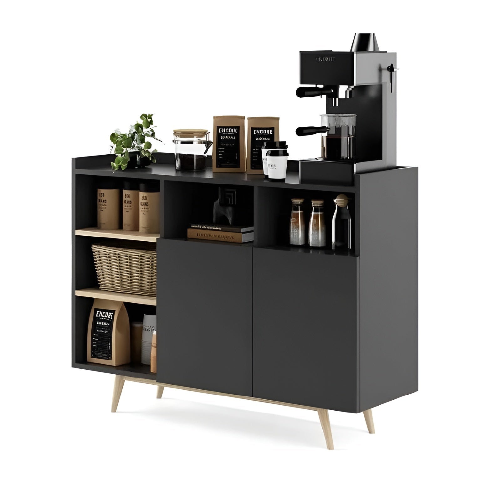 Black cabinet with coffee-making equipment and supplies on a white background