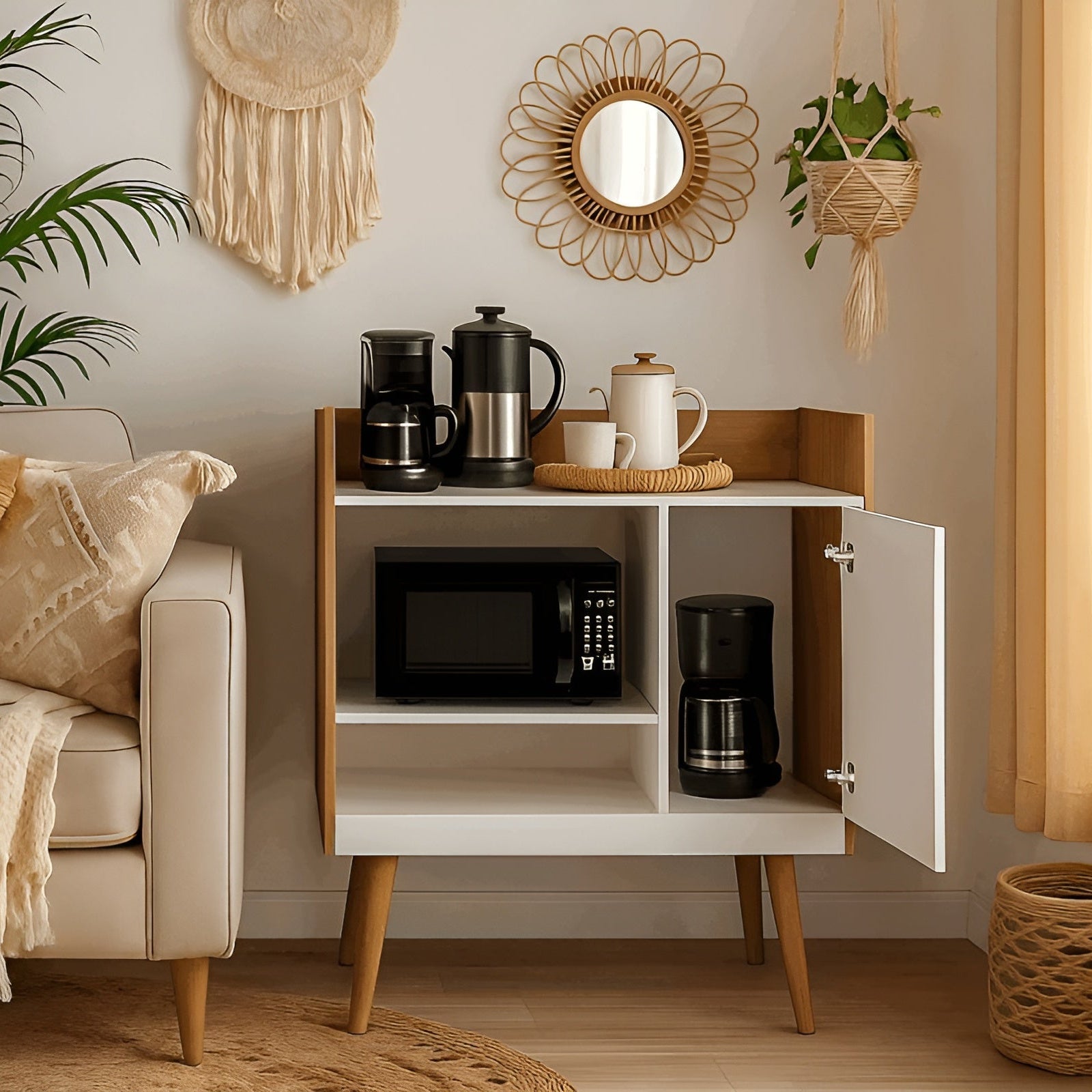 Nook with a sofa, coffee table, and decorative items