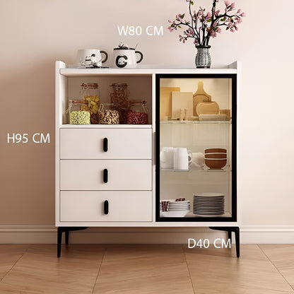 White cabinet with glass door and shelves against a beige wall.