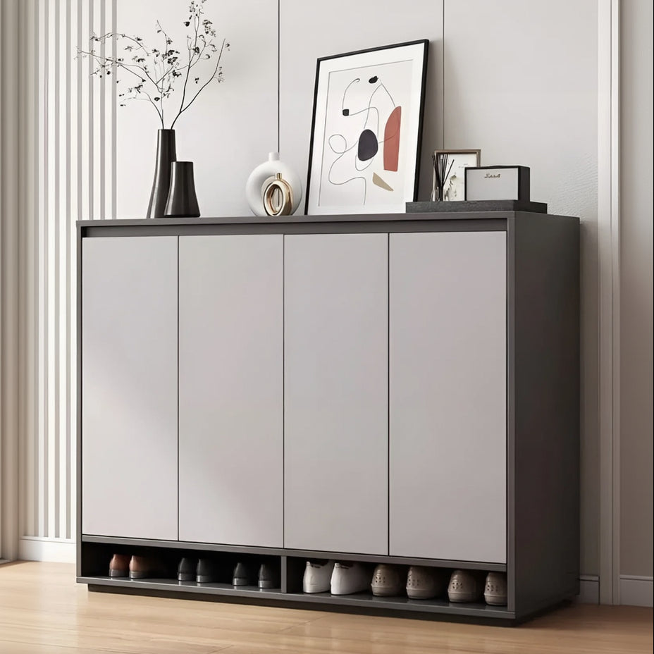 Modern shoe cabinet with shoes underneath in a room setting